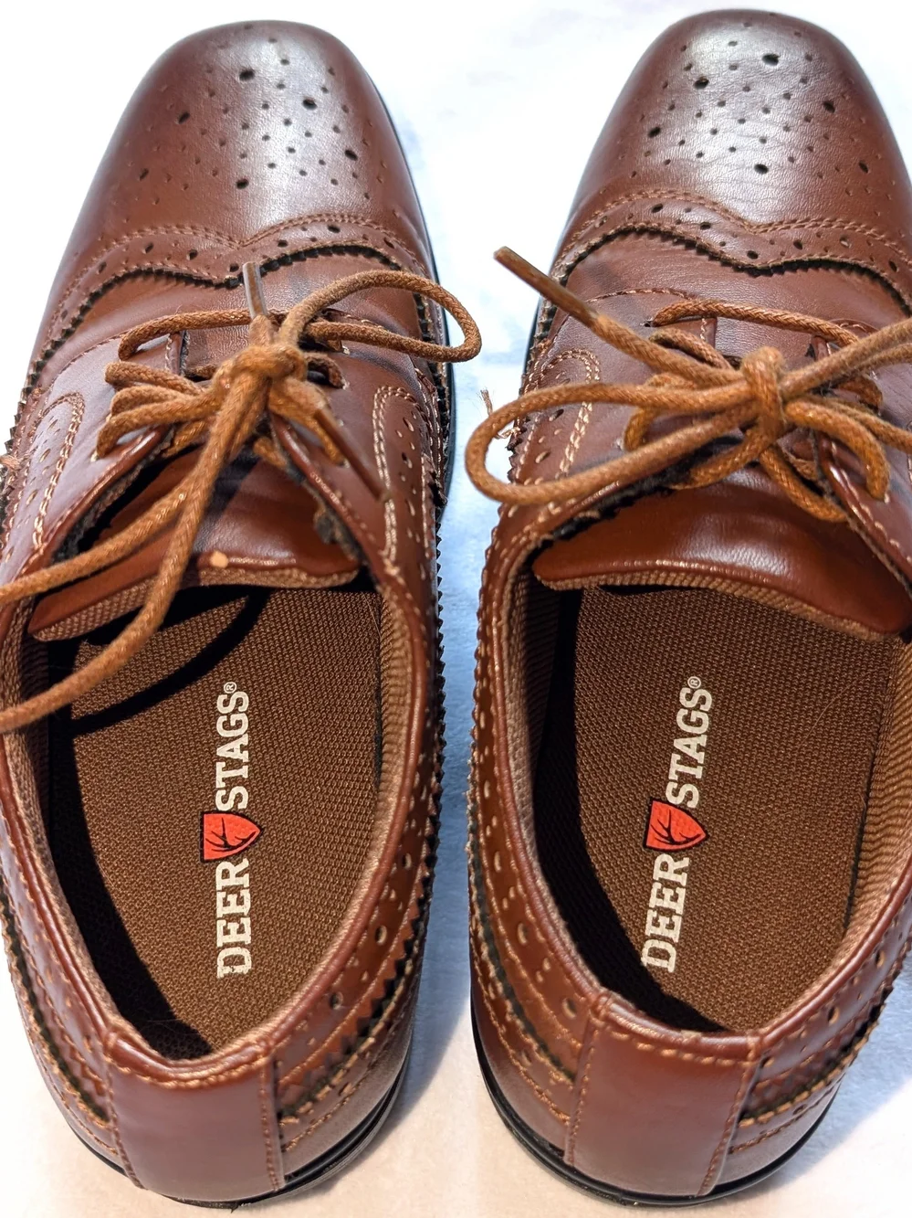 Deer Stags Ace Boys Size 1W Wingtip Oxford Laces Shoes Brown Dress Casual